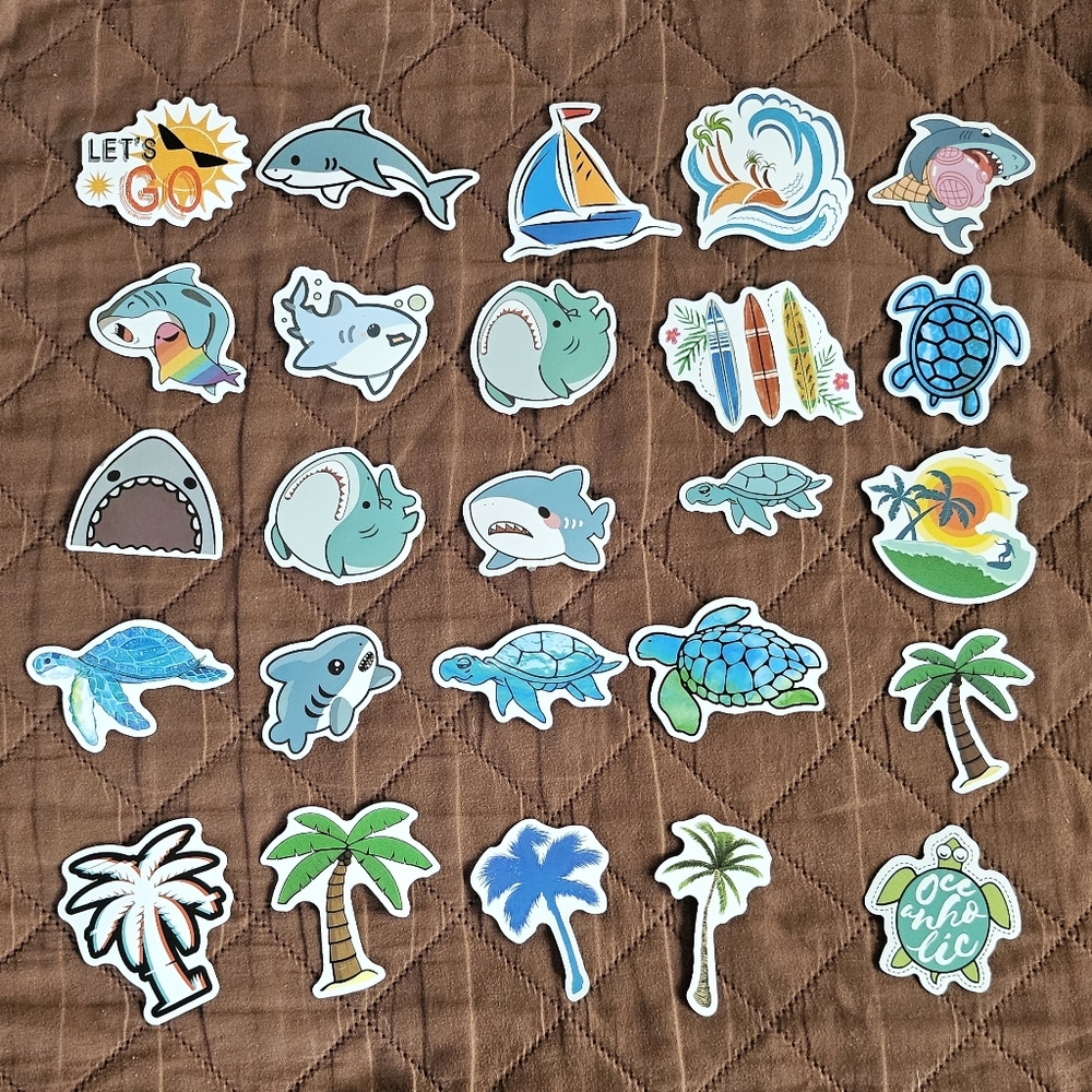 Shark themed stickers,  turtle, palm trees stickers. 25pc.